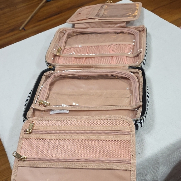 Striped Black White Women's Travel Cosmetic Toiletry Bag Multi-compatment Hangs - Picture 3 of 11